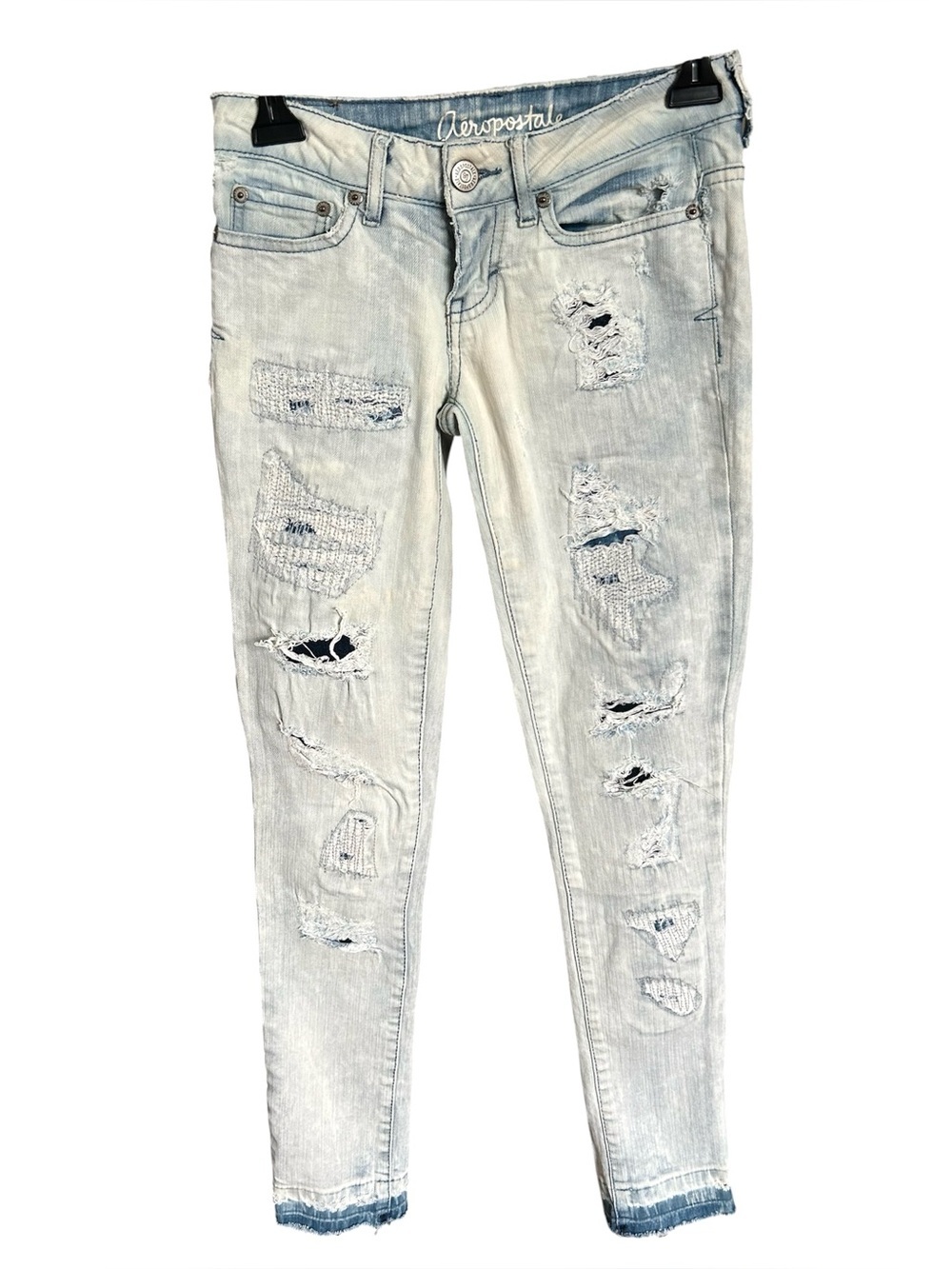 Aeropostale Light Wash Distressed Skinny Jeans Low Rise Ripped Raw Hem 000